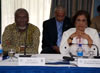 The Honourable P.J. Patterson (left), Former Prime Minister of Jamaica and Chair of G-77 for 2005, with the Hon. Chandrika B. Kumaratunga (right), Former President of the DSR of Sri Lanka, at the meeting of the G-77 Panel of Eminent Personalities on the Development Platform for the South.  