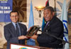 Mr. Mourad Ahmia, Executive Secretary of the G-77, receiving an Appreciation Award from the Honourable W. Baldwin Spencer, Prime Minister and Minister for Foreign Affairs of Antigua and Barbuda and Chair of the G-77.