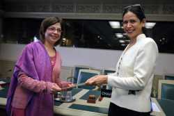 Dr Lamya Al-Saqqaf (right) Permanent Representative of Kuwait to FAO and H.E. Tasnim Aslam (left), Permanent Representative of Pakistan to FAO, during the handover ceremony which took place at FAO Headquarters on 4 December 2007. 