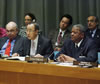 UN Secretary-General, H.E. Mr. Ban Ki-moon (centre), flanked by Winston Baldwin Spencer (right), Prime Minister and Minister for Foreign Affairs of Antigua and Barbuda, and new Chairman of the Group of 77; and Mr. Kemal Dervis (left), Administrator of the United Nations Development Programme; addresses the hand-over ceremony of the Chairmanship of the Group of 77 from Pakistan to Antigua and Barbuda.