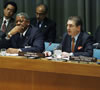 H.R. Mr. Srgjan Kerim (right), President of the sixty-second session of the United Nations General Assembly, flanked by Winston Baldwin Spencer (left), Prime Minister and Minister for Foreign Affairs of Antigua and Barbuda, and new Chairman of the Group of 77, addresses the hand-over ceremony of the Chairmanship of the Group of 77 from Pakistan to Antigua and Barbuda.